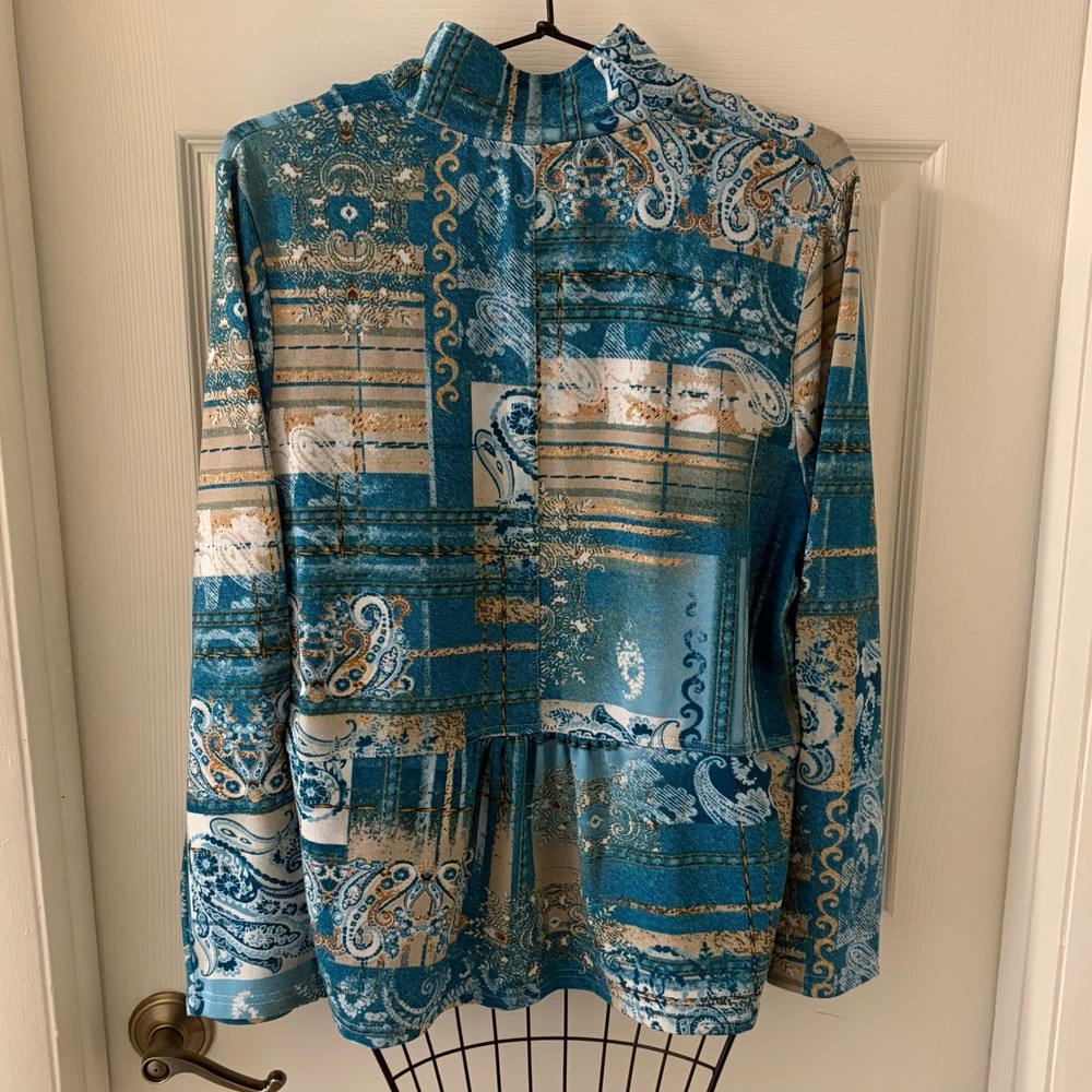 Onque Casual Womens XL Blue Paisley Patchwork Full Zip Knit Jacket Boho - Picture 3 of 6